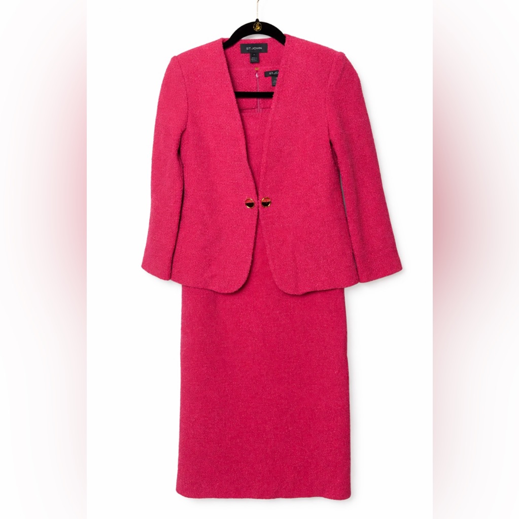 St. John Fuchsia Bold Hot Pink Blazer And Dress Ensemble